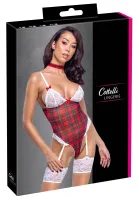 cottelli lingerie body plaid s z chokerem i koronką, biało-czerwony