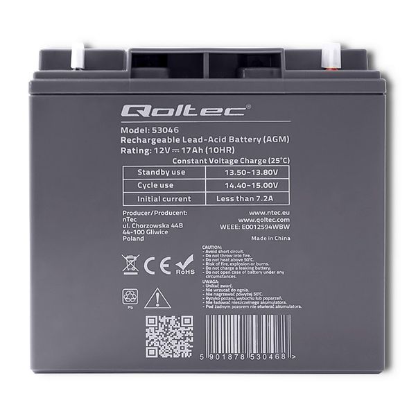 Qoltec Akumulator AGM | 12V | 17Ah |max.  255A zdjęcie 2