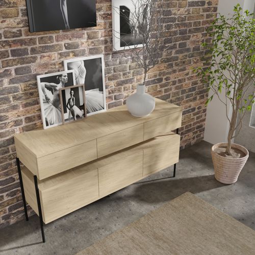 Komoda DRAGONFLY 150 cm 3D3S dąb cremona szuflady czarne metalowe nóżki na Arena.pl