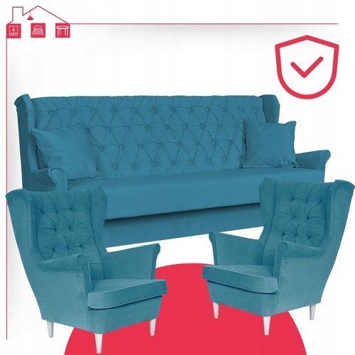 Zestaw mebli wypoczynkowych do salonu sofa 2 fotele NIEBIESKI na Arena.pl