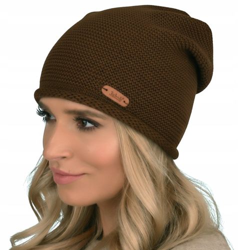 Brązowa Kobieca Czapka Modny Fason Polska podpinana dziana wywinięta J4 na Arena.pl