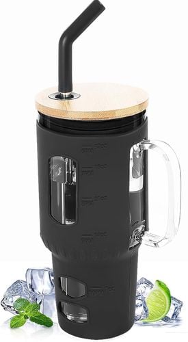 Kubek ze Słomką z Pokrywką Bambusową Szklany 950ml na Arena.pl