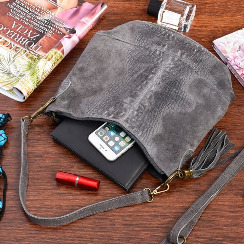 Torebka Skórzana Zamszowa Croco Listonoszka 2 Paski Szara Beltimore W13 na Arena.pl