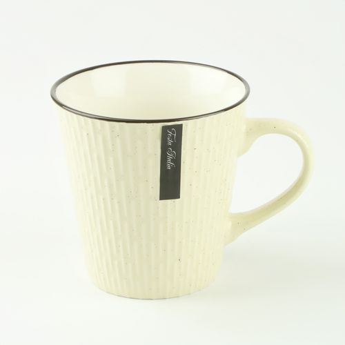 CERAMICZNY KUBEK NA KAWĘ HERBATĘ BEŻOWY ZDOBIONY WE WZÓR KRESKI 340 ML na Arena.pl