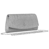 brokatowa kopertówka damska w srebrnym kolorze zawieszona na łańcuszku