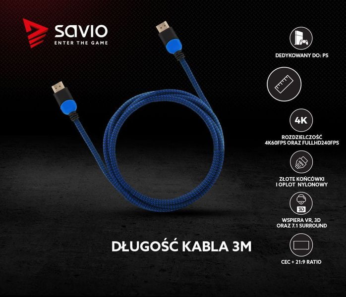 Elmak Kabel HDMI, v2.0 3D, gamingowy, PLAYSTATION, niebiesko-czarny, oplot nylon, złoty, 4Kx2K, 3.0m SAVIO GCL-05 na Arena.pl