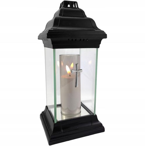 Znicz kapliczka szklany prosty lampion z krzyżem czarny 31cm na Arena.pl