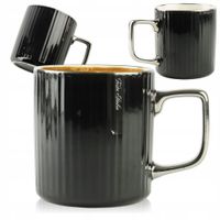 PORCELANOWY KUBEK NA KAWĘ HERBATĘ CZARNY ZDOBIONY ZE SREBRNYM UCHEM 370ML