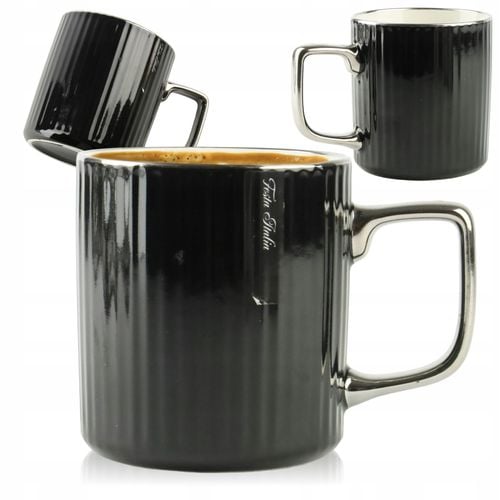 PORCELANOWY KUBEK NA KAWĘ HERBATĘ CZARNY ZDOBIONY ZE SREBRNYM UCHEM 370ML na Arena.pl