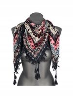 Chustka apaszka z frędzlami folk kwiaty granatowy różowy 65 / DA-53B