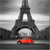 50CM 50CM OBRAZ CZERWONY SAMOCHÓD PRZED WIEŻĄ EIFFLA DRUK PŁÓTNO
