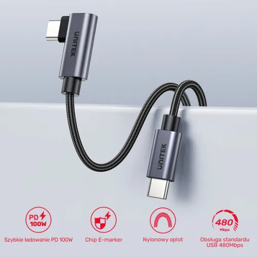 Unitek Kabel USB-C kątowy 90° PD100W 0,5m na Arena.pl