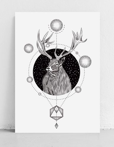 Plakat czarnobiały jeleń geometria 21x29,7 cm A4 na Arena.pl