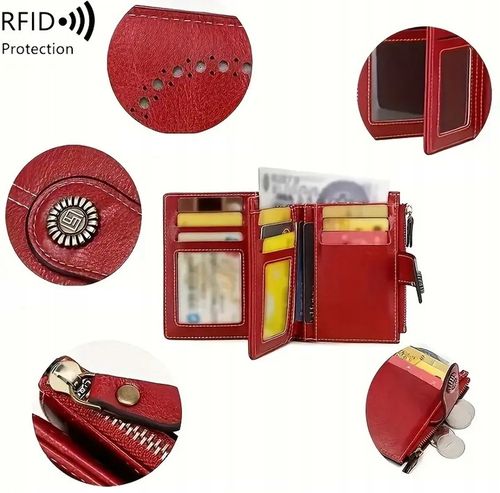 PORTFEL DAMSKI ELEGANCKI MAŁY POJEMNY NA KARTY RFID Z PASKIEM CZERWONY na Arena.pl