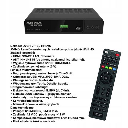 Ferguson Ariva 160 Combo – DVB-T2/S2 FTA, HEVC H.265, Full HD, USB PVR na Arena.pl