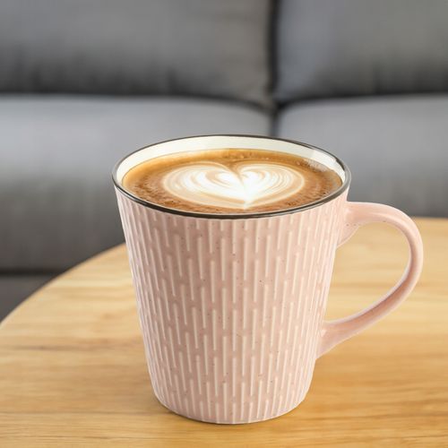 CERAMICZNY KUBEK NA KAWĘ HERBATĘ RÓŻOWY ZDOBIONY WE WZÓR KRESKI 370 ML na Arena.pl