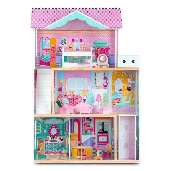 Drewniany domek dla lalek duży 3-piętrowy z windą i lampką LED zdjęcie 4