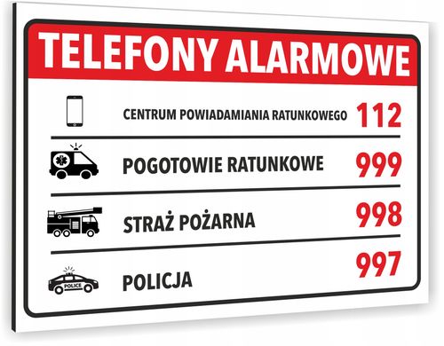 Tabliczka Telefony Alarmowe 40x30 Tablica informacyjna nierdzewna ALUMINIUM na Arena.pl