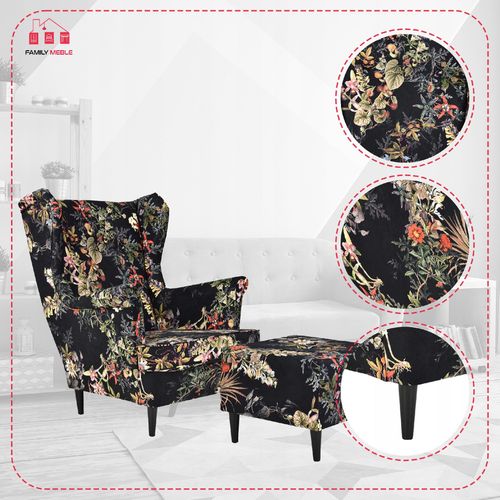 Fotel uszak ARI PRINT z podnóżkiem, skandynawski Family Meble welurowy na Arena.pl