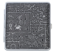 Srebrna Papierośnica Metalowa Pokryta Skórą w Wzorem Pisma Egiptu