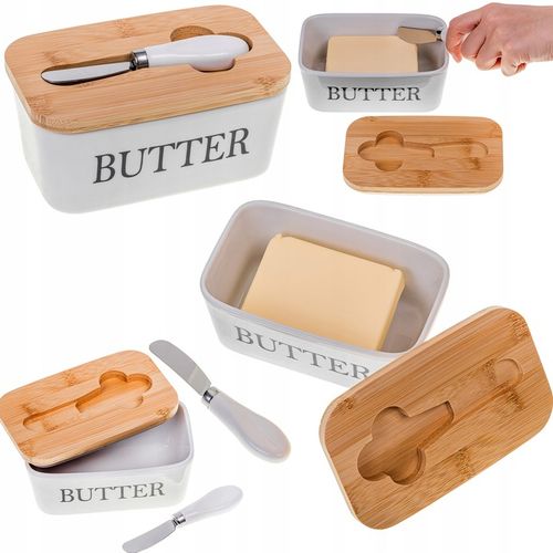 MASELNICZKA PORCELANOWA CERAMICZNA MASELNICZKA Z NOŻEM DO MASŁA BAMBUS TOP na Arena.pl