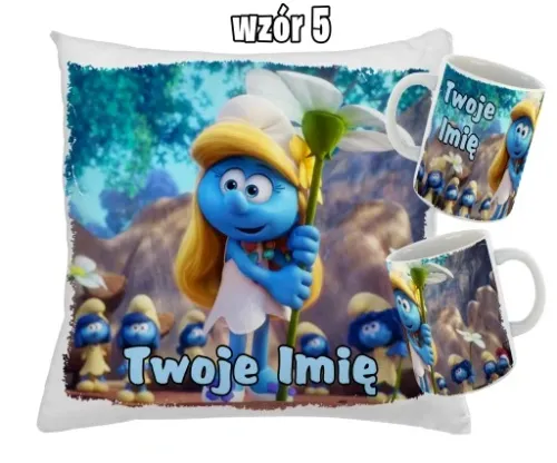 Zestaw SMERFY KUBEK + PODUSZKA RÓŻNE WZORY + IMIĘ UNIKALNY WYJĄTKOWY na Arena.pl