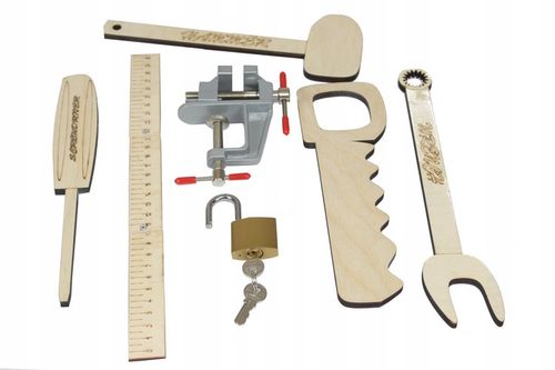 Drewniany warsztat majsterkowicza tablet kłódka imadło schowek piła POLSKI! na Arena.pl