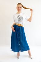 Niebieska Jeansowa Długa Spódnica z Guzikami i Paskiem UNI