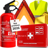 Apteczka gaśnica trójkąt folia ZESTAW do auta samochodu Ogniochron 1kg
