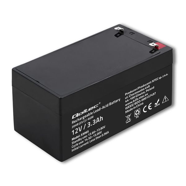 Qoltec Akumulator AGM | 12V | 3.3Ah | max. 49.5A zdjęcie 1
