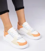 Biało-pomarańczowe sportowe sneakersy z ekoskóry Lavilia 39