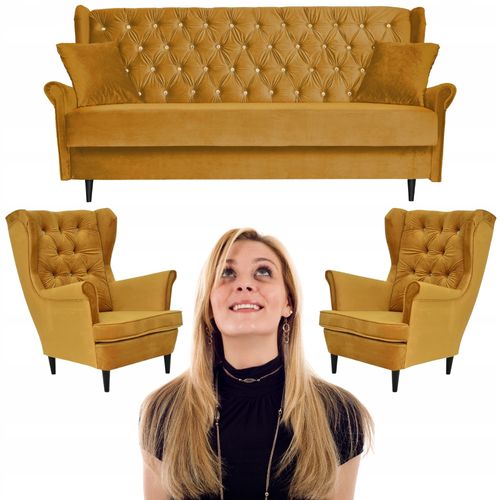 Zestaw wypoczynkowy z wersalką 2 fotele Gaja MUSZTARDOWY na Arena.pl