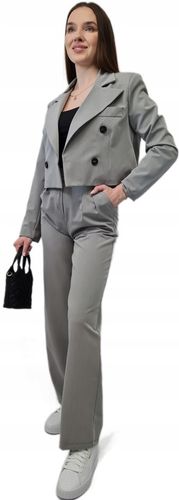 Nowoczesny GARNITUR DAMSKI Szary, Krótka Marynarka i Szerokie Spodnie, r.M na Arena.pl