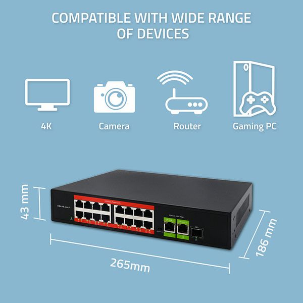 Qoltec SWITCH PoE 16xRJ45 Fast Ethernet + Uplink zdjęcie 2
