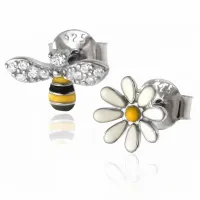 DELIKATNE ASYMETRYCZNE RODOWANE SREBRNE KOLCZYKI WKRĘTKI KWIATEK PSZCZÓŁKA