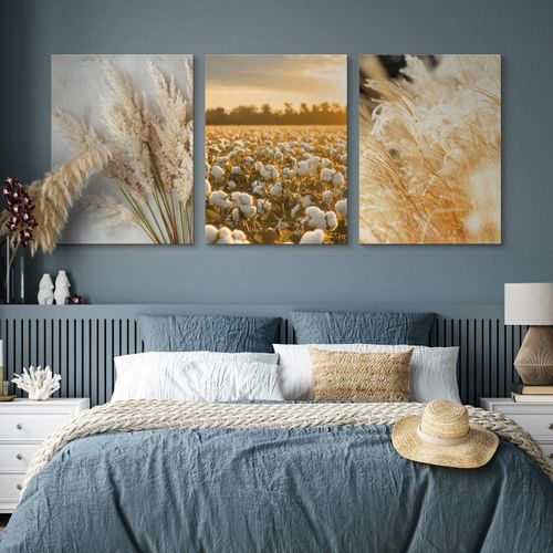 Obrazy Do Sypialni Set Pejzaż Zachód Słońca Trawy Bawełna Boho 90cm x 40cm na Arena.pl