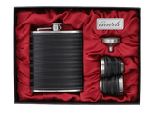 Elegancka Czarna Piersiówka Obszyta Skórą w Zestawie z Kieliszkami Gentelo