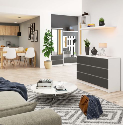 Komoda do salonu K 120 cm 6 szuflad - biała-grafit szary na Arena.pl