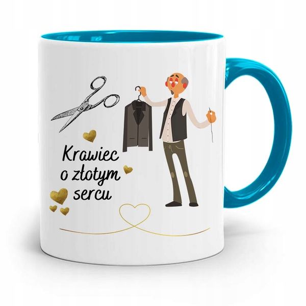 Kubek Błękitny Krawcowej Krawca O Złotym Sercu Z Nadrukiem Ze Zdjęciem zdjęcie 1