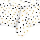 Obrus foliowy biały w gwiazdki czarno-złote, 137x274 cm