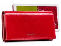 czerwony skórzany portfel damski z klapką - peterson