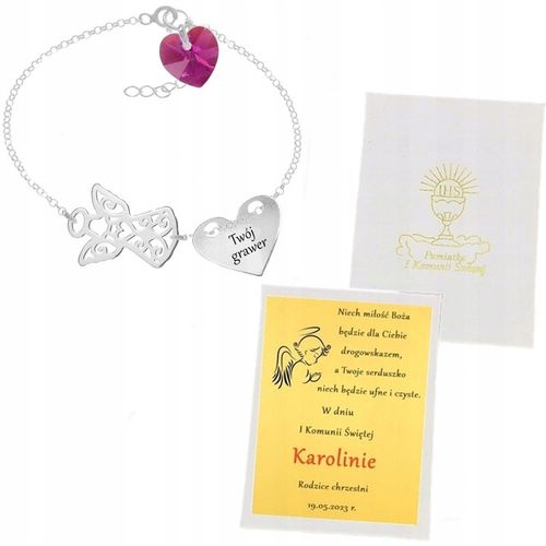 SREBRNA BRANSOLETKA ANIOŁEK I KOMUNIA ŚW. SERCE SWAROVSKI GRAWER na Arena.pl