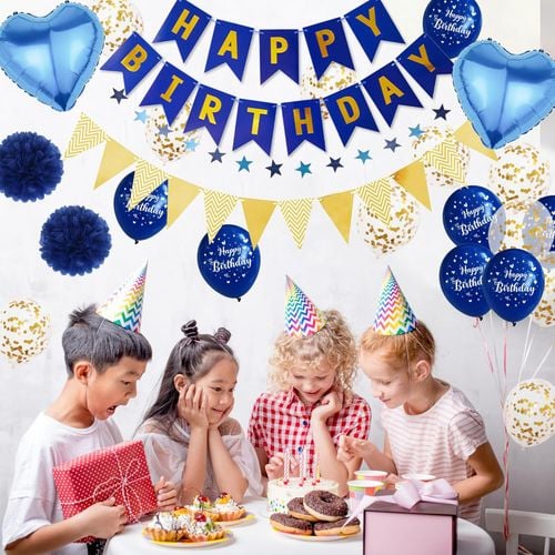 Zestaw Balonów Dekoracje na Urodziny Niebieskie Złote Konfetti Girlanda na Arena.pl