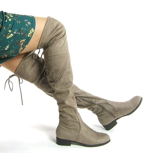 Kozaki za kolano na płaskim obcasie zamszowe khaki Rozmiar obuwia - 37 na Arena.pl