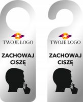 ZAWIESZKA NA DRZWI hotelowa nadruk srebrna plexi z LOGO zachowaj ciszę
