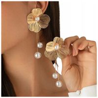 Kolczyki Kolor Złote Kwiaty Kwiatki Perły Perełki Efektowne Ażurowe 106mm