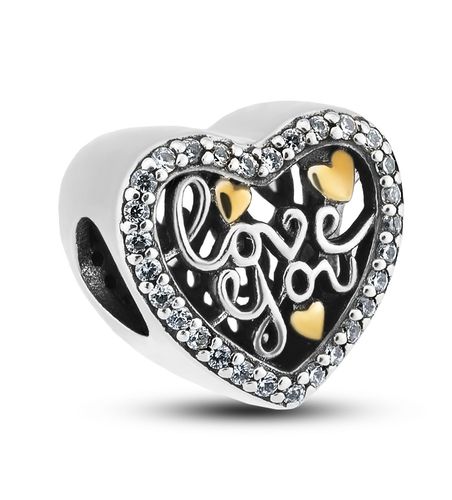 srebrny charms serce z cyrkoniami i napisem do modułowej bransoletki na Arena.pl