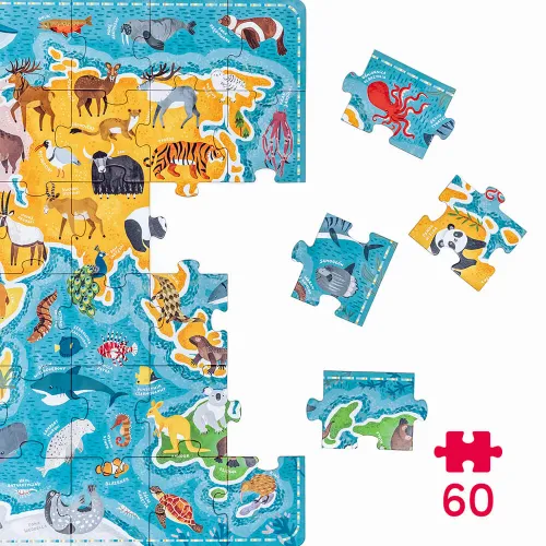 Puzzle 60 elementów. Puzzlove CzuCzu. Zwierzęta. Mapa Świata na Arena.pl