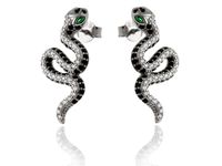 ELEGANCKIE RODOWANE SREBRNE KOLCZYKI WĄŻ SNAKE ŻMIJA CZARNE BIAŁE CYRKONIE