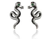 ELEGANCKIE RODOWANE SREBRNE KOLCZYKI WĄŻ SNAKE ŻMIJA CZARNE BIAŁE CYRKONIE